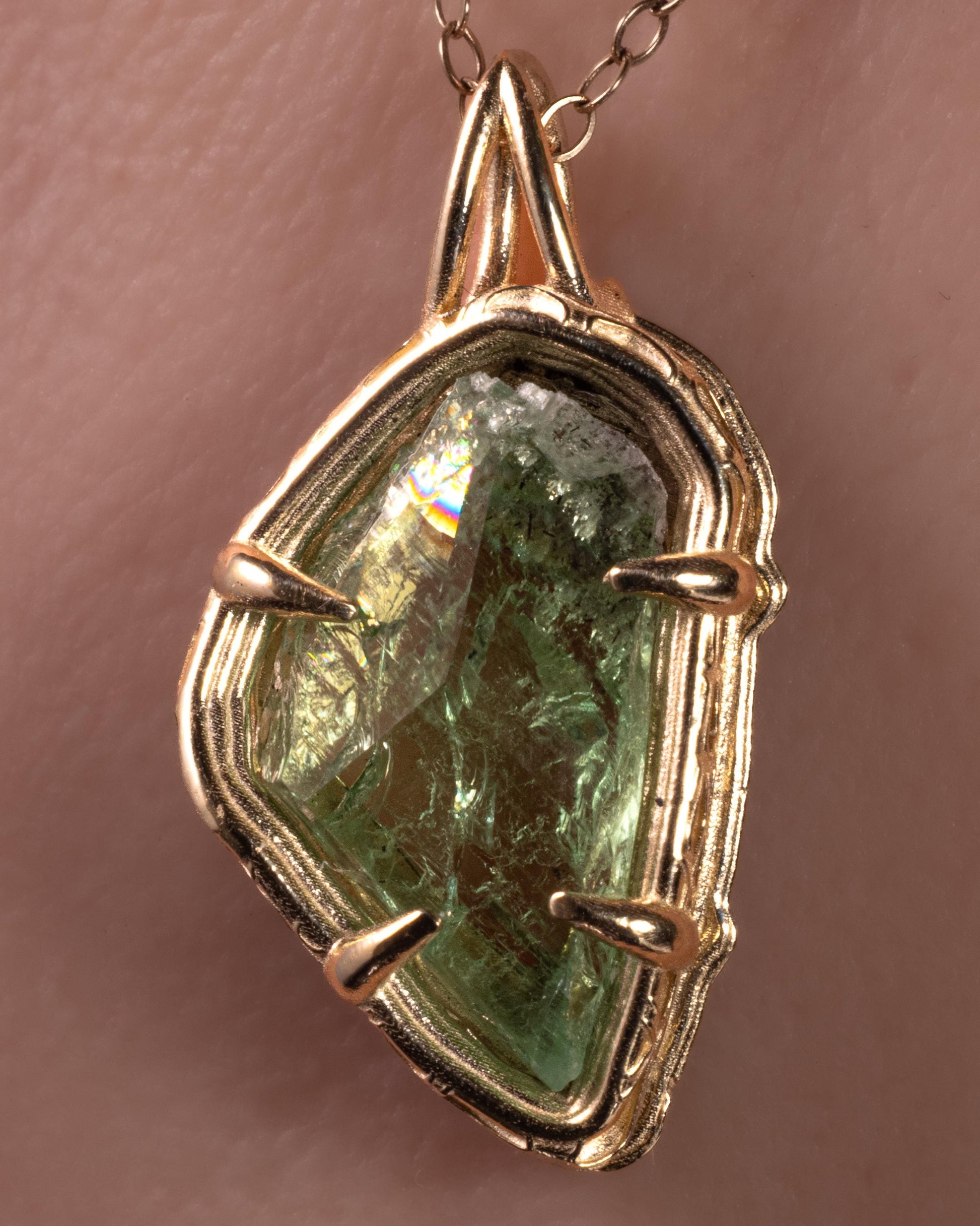Hiddenite Pendant in 10k Yellow Gold, Hand Cut Green Spodumene Necklace, One of a Kind Gold Gemstone Pendant, Organic Fine Jewelry 