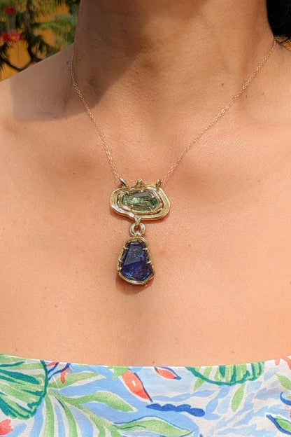 The Verdant Relic | Hiddenite & Tanzanite Pendant in Solid 18k Gold | One of a Kind 