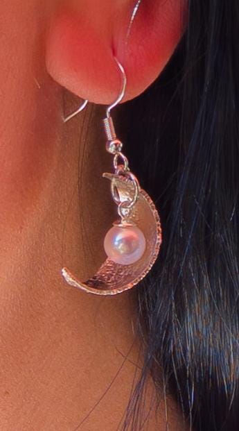Sterling Silver Crescent Moon Pearl Earrings | 7mm Akoya Pearls | Celestial Lunar Jewelry | Handmade Moon Earrings 