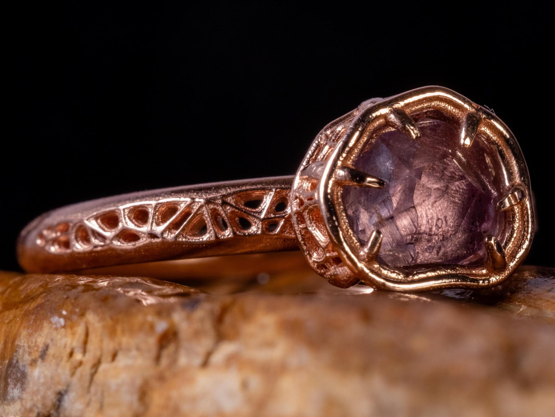Natural Pink Spinel Ring in 10K Rose Gold, Horizontal Organic Gemstone Ring 