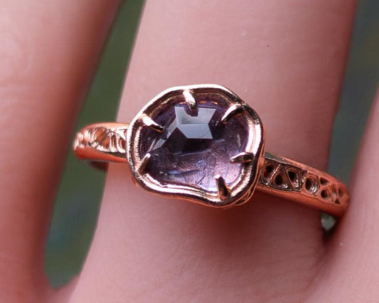 Natural Pink Spinel Ring in 10K Rose Gold, Horizontal Organic Gemstone Ring 