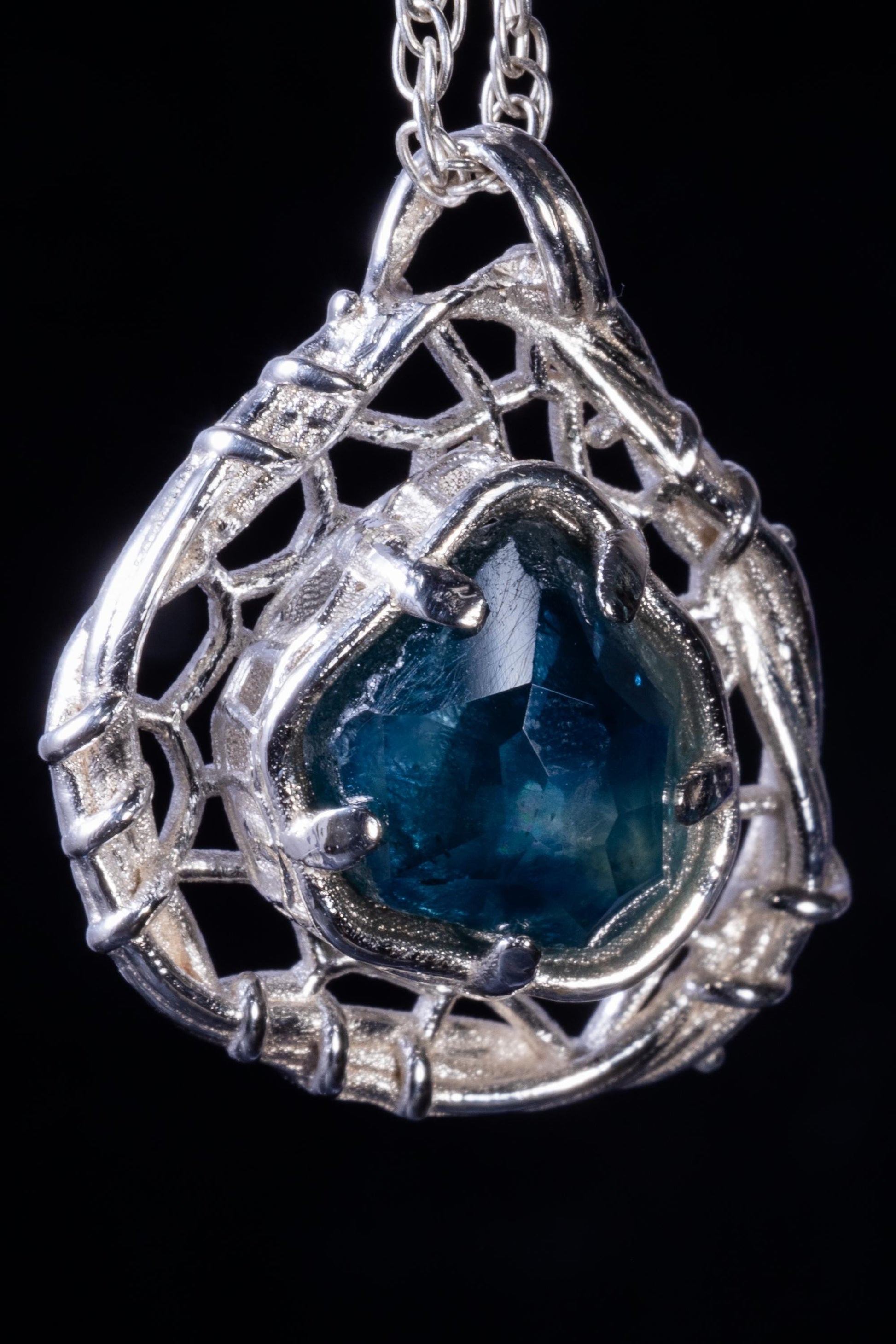 Hand Cut Montana Sapphire Sterling Silver Pendant - Dreamcatcher Necklace item 1009 blue sapphire, sapphire pendant, silver pendant, sterling silver, artisan necklace, statement pendant, one of a kind, sculptural jewelry, nature inspired, blue gemstone, fantasy jewelry, handmade pendant, organic jewelry