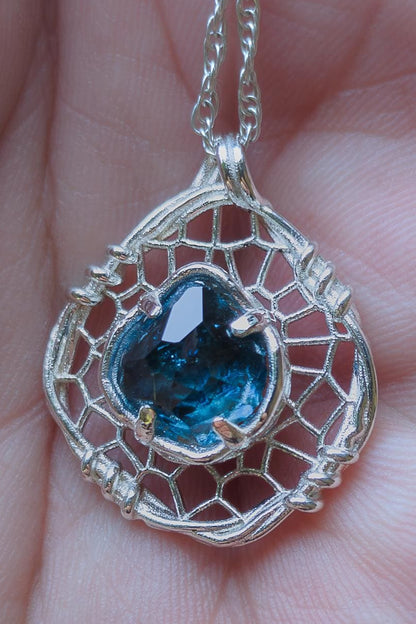 Hand Cut Montana Sapphire Sterling Silver Pendant - Dreamcatcher Necklace item 1007 Sterling silver, Blue Sapphire, Montana Sapphire