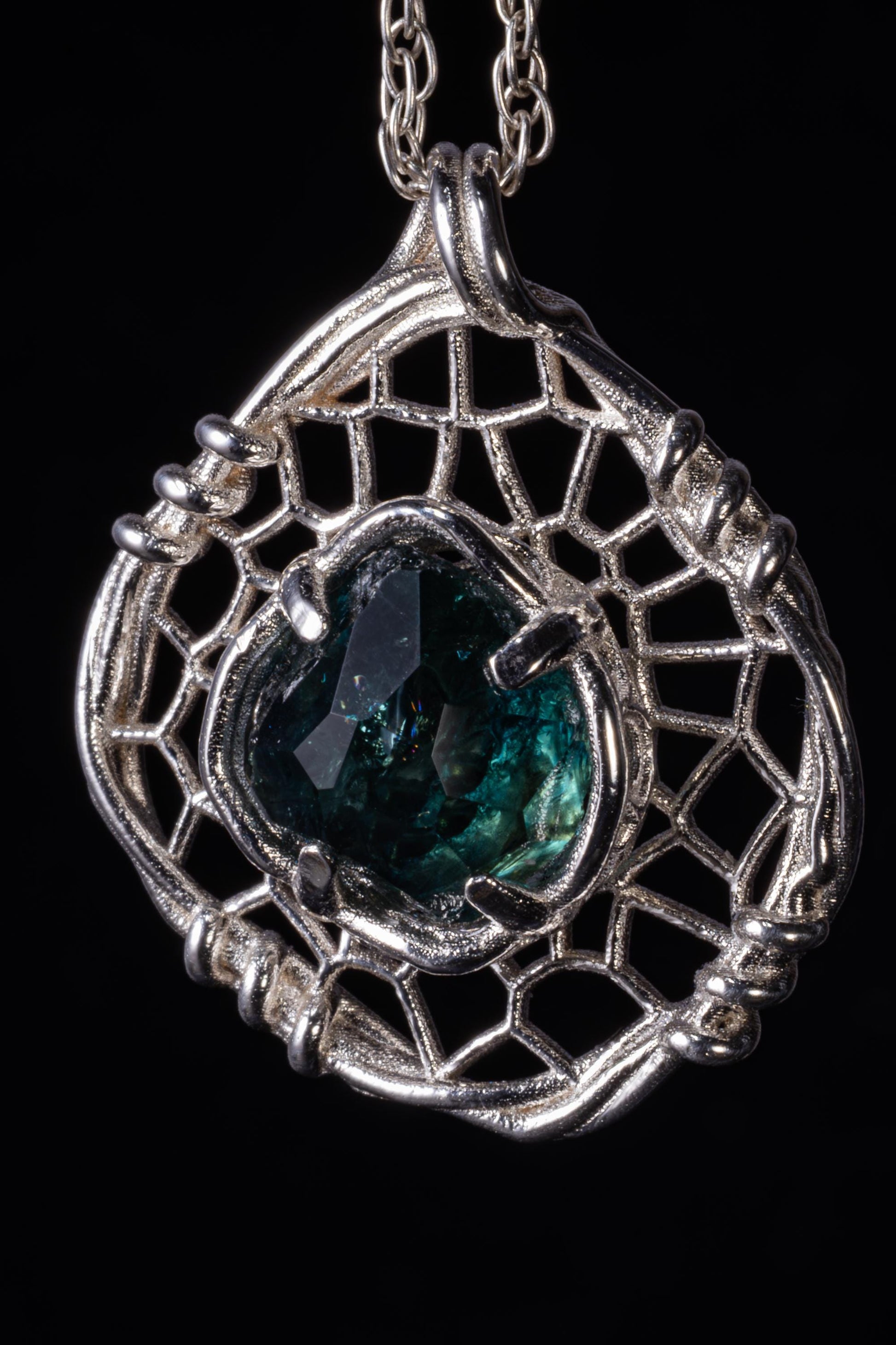 Hand Cut Montana Sapphire Sterling Silver Pendant - Dreamcatcher Necklace item 1007 Sterling silver, Blue Sapphire, Montana Sapphire