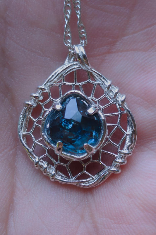 Hand Cut Montana Sapphire Sterling Silver Pendant - Dreamcatcher Necklace item 1007 Sterling silver, Blue Sapphire, Montana Sapphire
