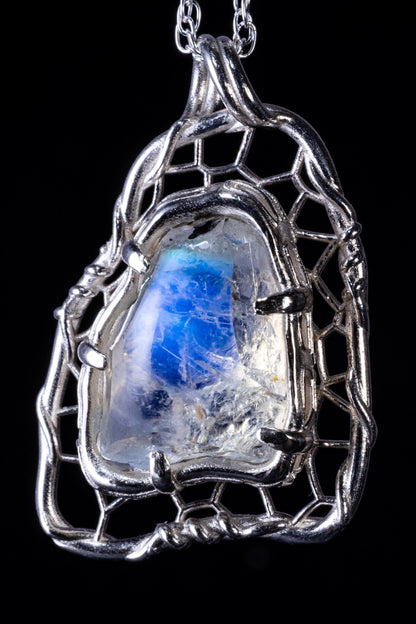 Portal Cut Moonstone Pendant in Sterling Silver, Blue Flash Organic Web Necklace, One of a Kind Artisan Jewelry 