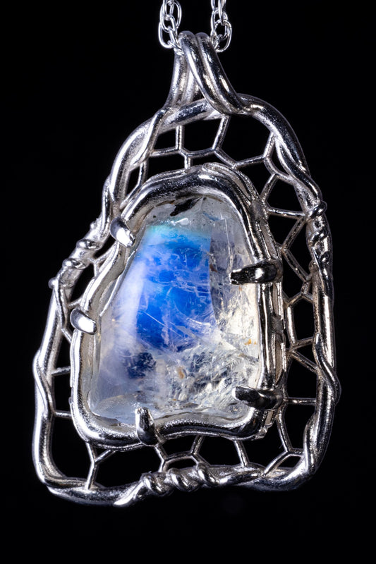 Portal Cut Moonstone Pendant in Sterling Silver, Blue Flash Organic Web Necklace, One of a Kind Artisan Jewelry 