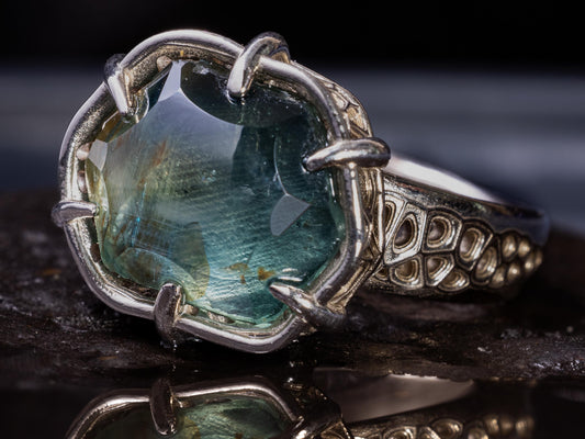 Montana Sapphire Ring 10.77ct Unheated Teal Blue 14k White Gold Hand Cut Statement Piece 