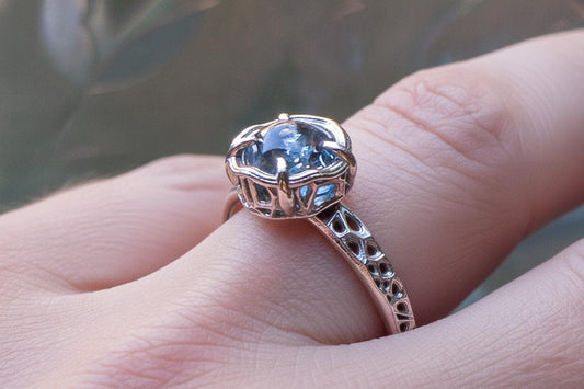 One of a Kind Hand Portal Cut Montana Sapphire Ring in Solid 10k White Gold 