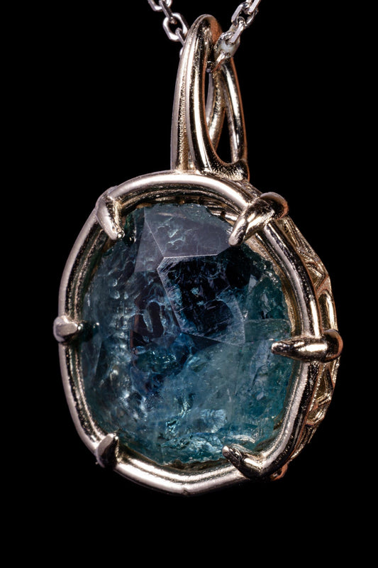 Hand Cut Montana Sapphire Pendant in 14k White Gold, 3.9 Carat Organic Sapphire Necklace, One of a Kind Fine Jewelry 