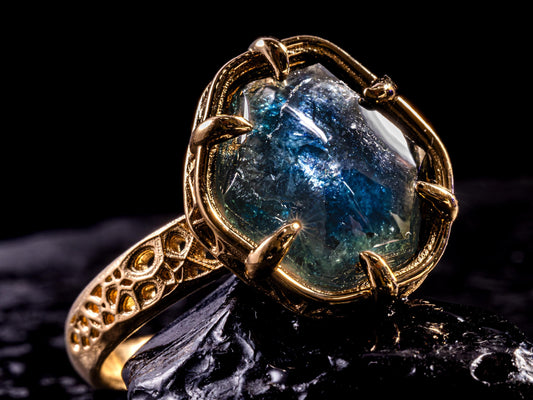 Portal Cut blue green Montana Sapphire Ring in 14k Gold 
