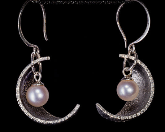 Akoya Pearl Crescent Moon Earrings, Sterling Silver Celestial Earrings 