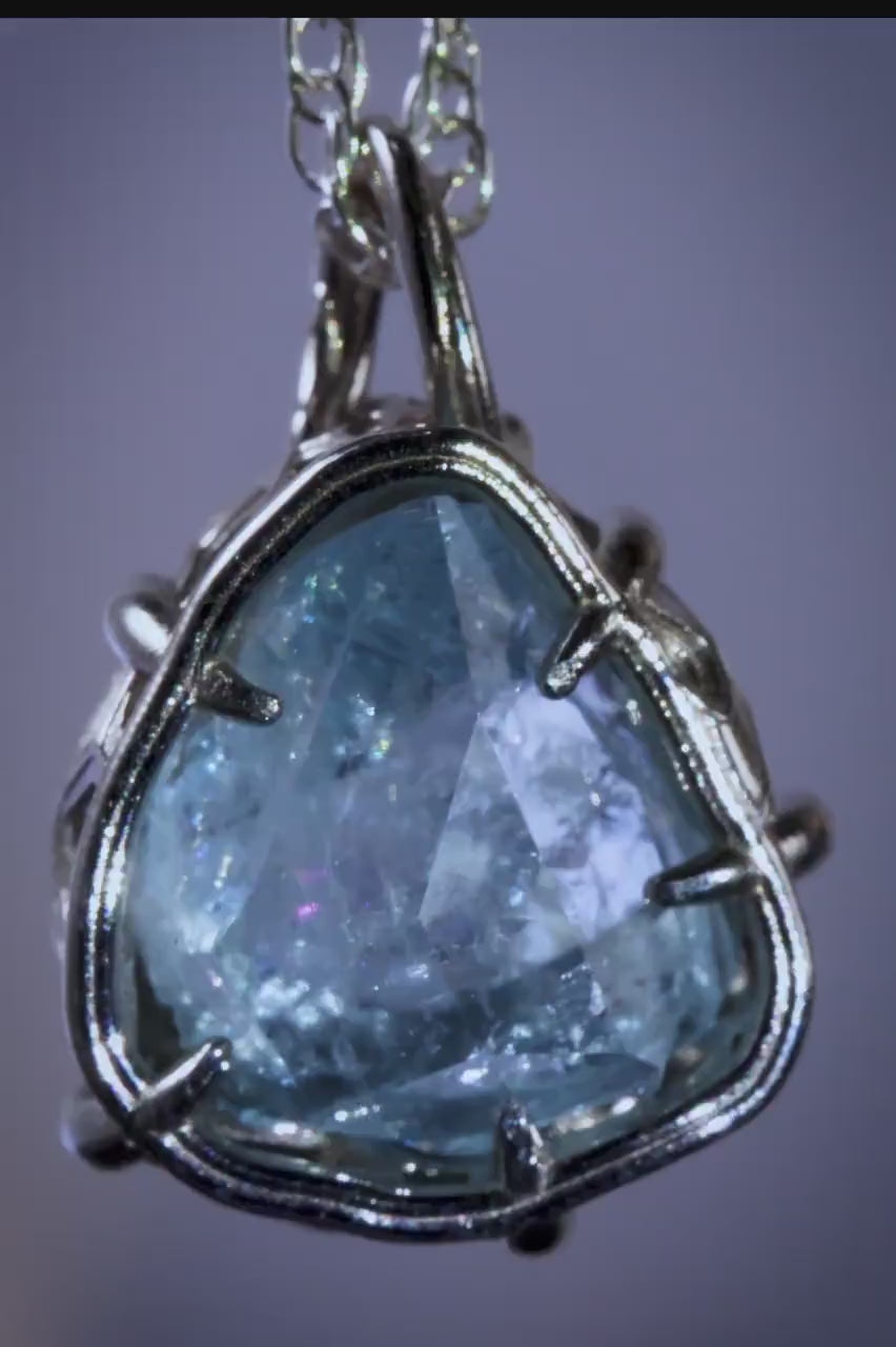 Aquamarine Pendant in 10k White Gold, Hand Cut Blue Gemstone Pendant, One of a Kind Fine Jewelry