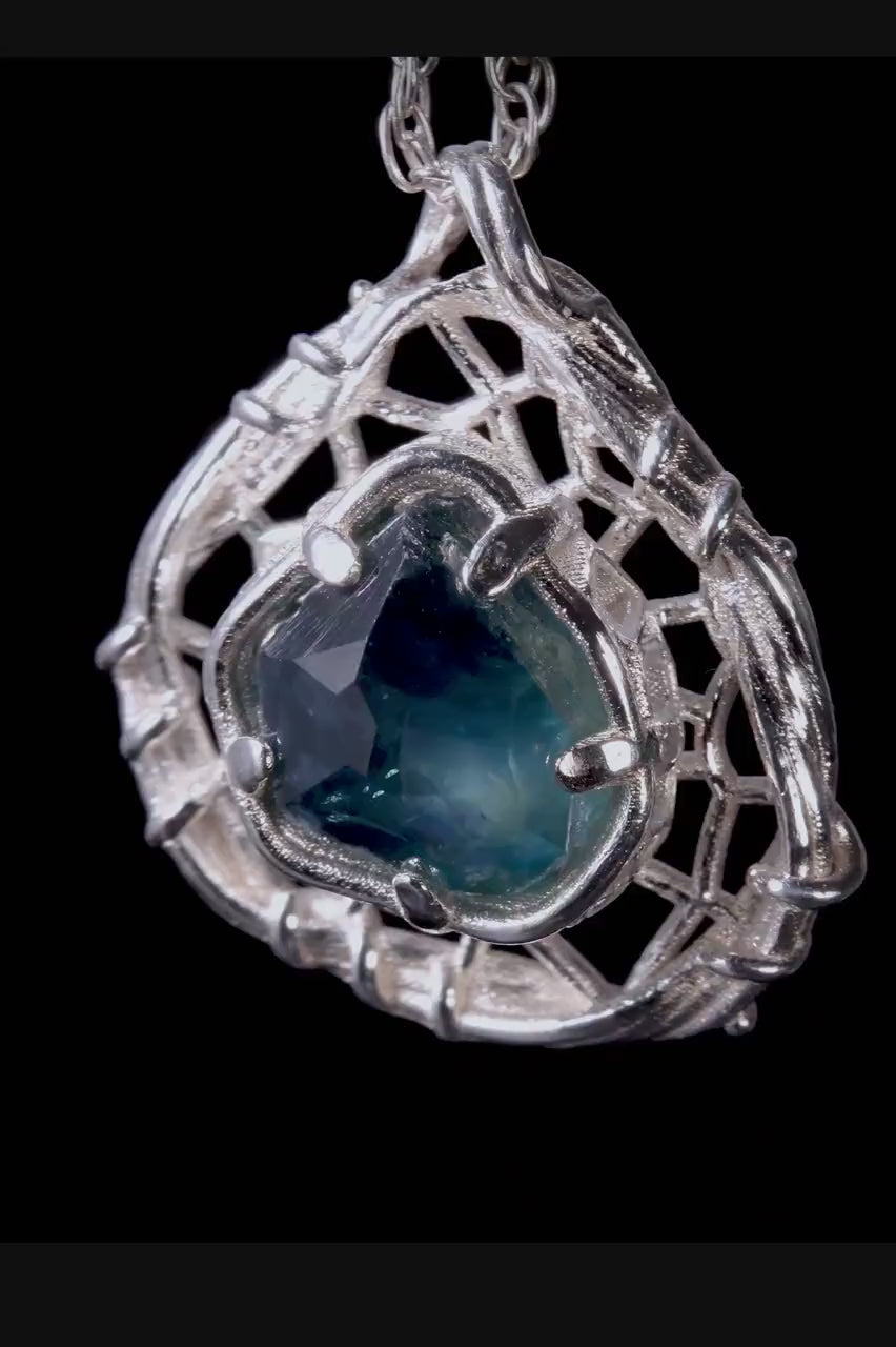 Hand Cut Montana Sapphire Sterling Silver Pendant - Dreamcatcher Necklace