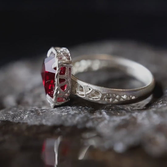 Hand Cut Rubellite Garnet Solitaire Ring — Sterling Silver, Sculptural Design item 1040