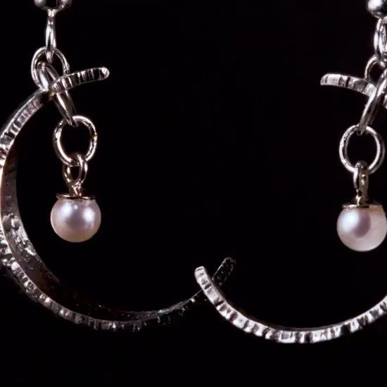 Sterling Silver Crescent Moon Earrings | Lunar Pearl Earrings | One of a Kind Celestial Jewelry | Sculptural Moon Earrings