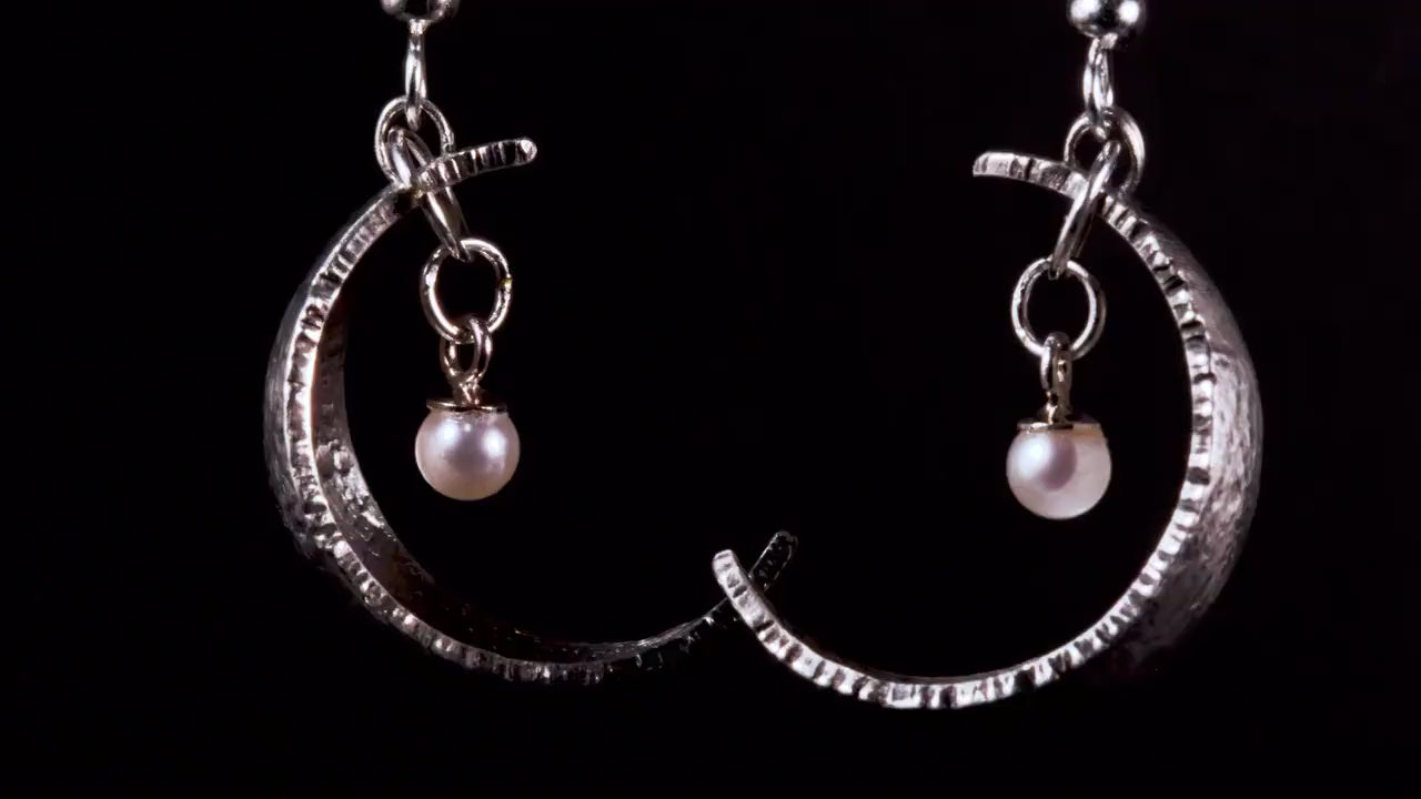 Sterling Silver Crescent Moon Earrings | Lunar Pearl Earrings | One of a Kind Celestial Jewelry | Sculptural Moon Earrings
