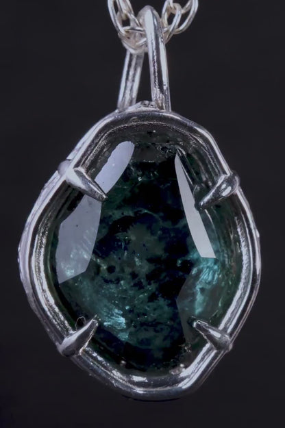 Green Blue Montana Sapphire Pendant, Hand Cut Portal Gemstone, Sterling Silver
