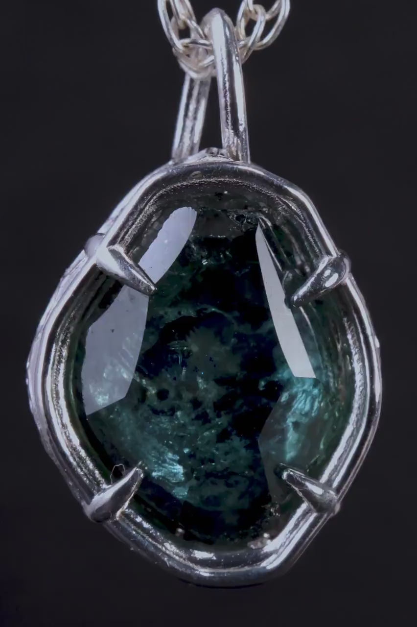 Green Blue Montana Sapphire Pendant, Hand Cut Portal Gemstone, Sterling Silver