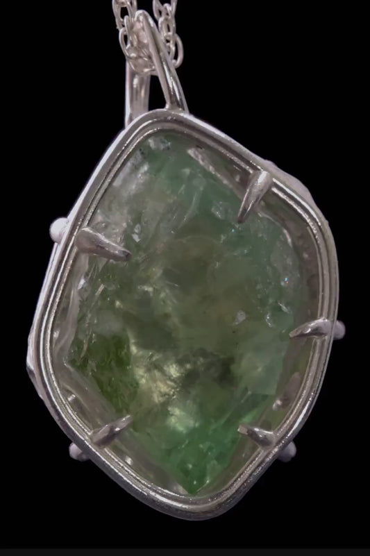 Hand Faceted Hiddenite Pendant, Sterling Silver Green Spodumene Necklace