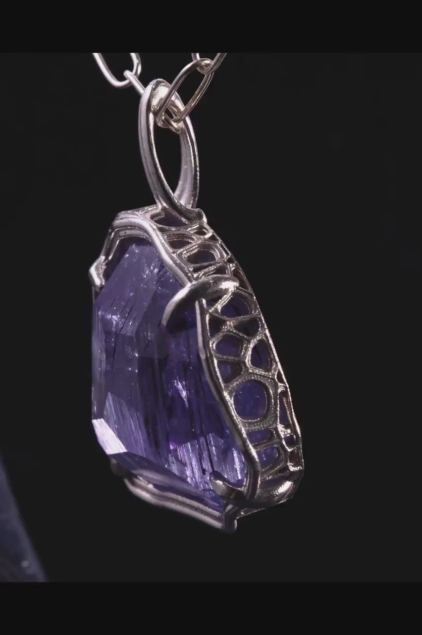 Large Tanzanite Pendant – ~6 Carat Hand Cut Tanzanite in Sterling Silver – 18mm Statement Pendant with Chain