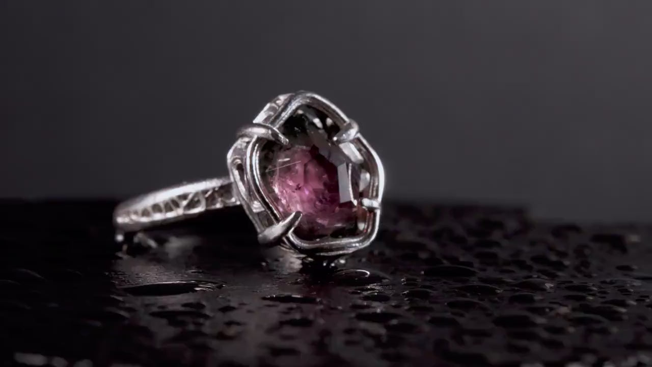Hand Cut Tourmaline Ring in Sterling Silver | One of a Kind Raspberry Pink Gemstone