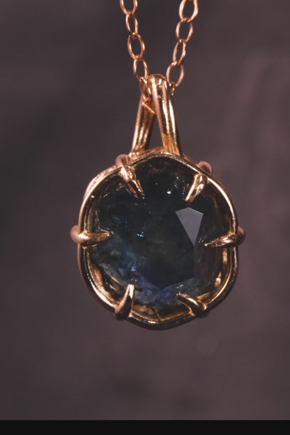 large 5 carat Hand Cut Montana Sapphire Pendant in 14k Yellow Gold