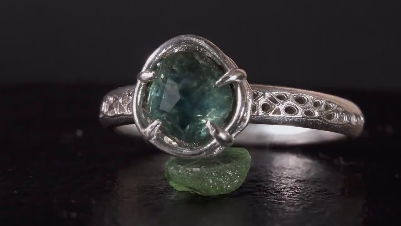 Hand Cut Montana Sapphire Ring | Teal Green Sapphire in Sterling Silver | One of a Kind