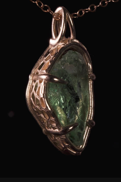 Hiddenite Pendant in 10k Yellow Gold, Hand Cut Green Spodumene Necklace, One of a Kind Gold Gemstone Pendant, Organic Fine Jewelry