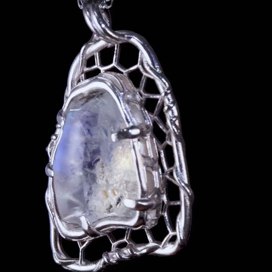 Portal Cut Moonstone Pendant in Sterling Silver, Blue Flash Organic Web Necklace, One of a Kind Artisan Jewelry