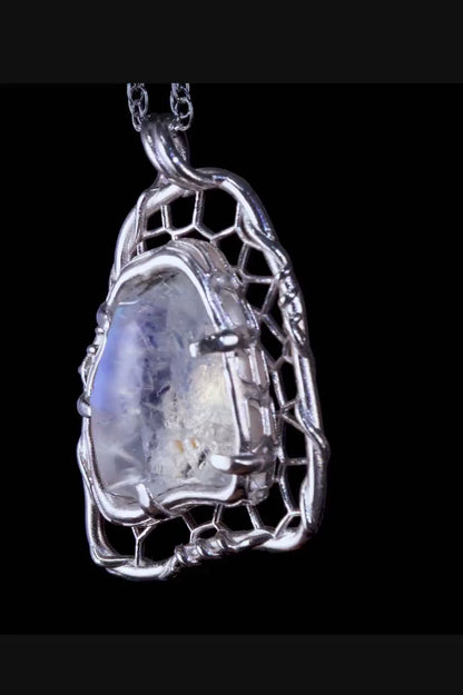 Portal Cut Moonstone Pendant in Sterling Silver, Blue Flash Organic Web Necklace, One of a Kind Artisan Jewelry