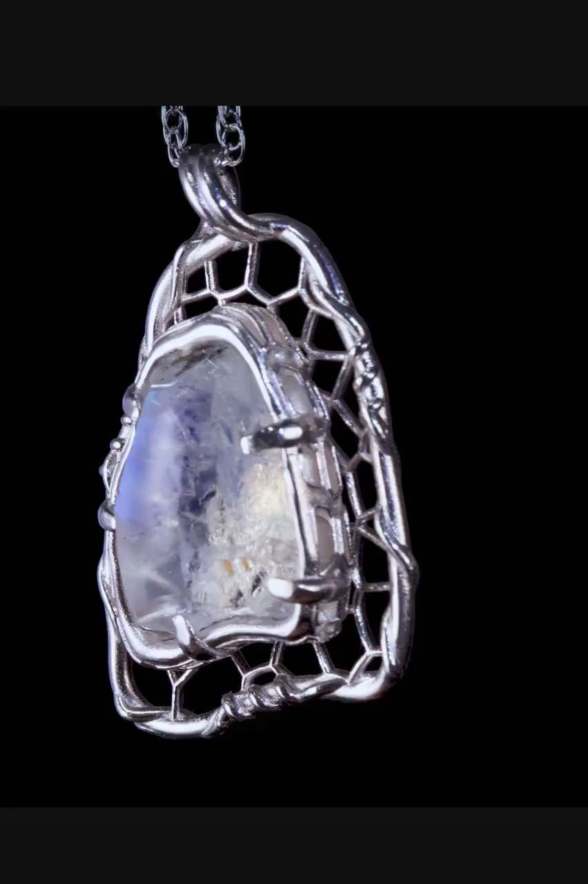 Portal Cut Moonstone Pendant in Sterling Silver, Blue Flash Organic Web Necklace, One of a Kind Artisan Jewelry