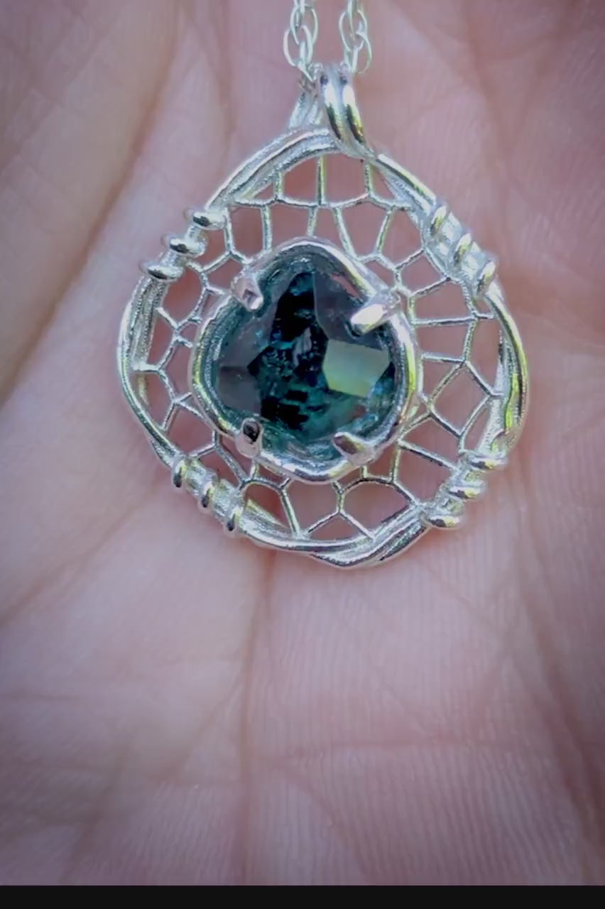 Hand Cut Montana Sapphire Sterling Silver Pendant - Dreamcatcher Necklace