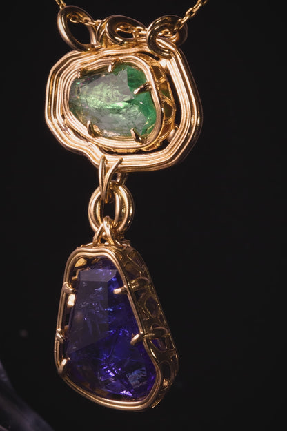 The Verdant Relic | Hiddenite & Tanzanite Pendant in Solid 18k Gold | One of a Kind