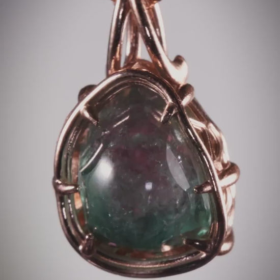 Hand Cut Watermelon Tourmaline Pendant in 10K Rose Gold | One of a Kind Portal Cut Gemstone Necklace