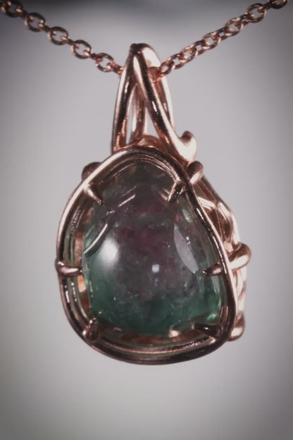 Hand Cut Watermelon Tourmaline Pendant in 10K Rose Gold | One of a Kind Portal Cut Gemstone Necklace