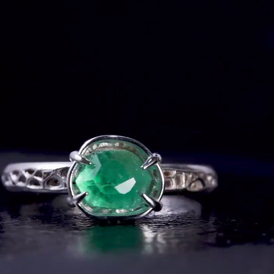 Natural Emerald Ring in Sterling Silver, Hand Cut Gemstone Ring, One of a Kind, Lattice Band, Size 7.5