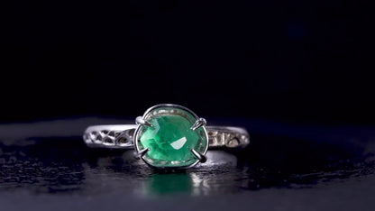 Natural Emerald Ring in Sterling Silver, Hand Cut Gemstone Ring, One of a Kind, Lattice Band, Size 7.5