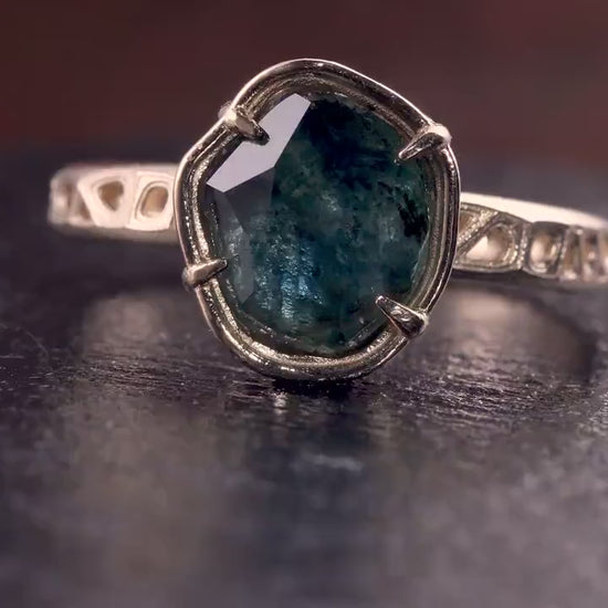 Blue Green Montana Sapphire Ring in 14k Yellow Gold, Hand-Finished Lattice, One of a Kind