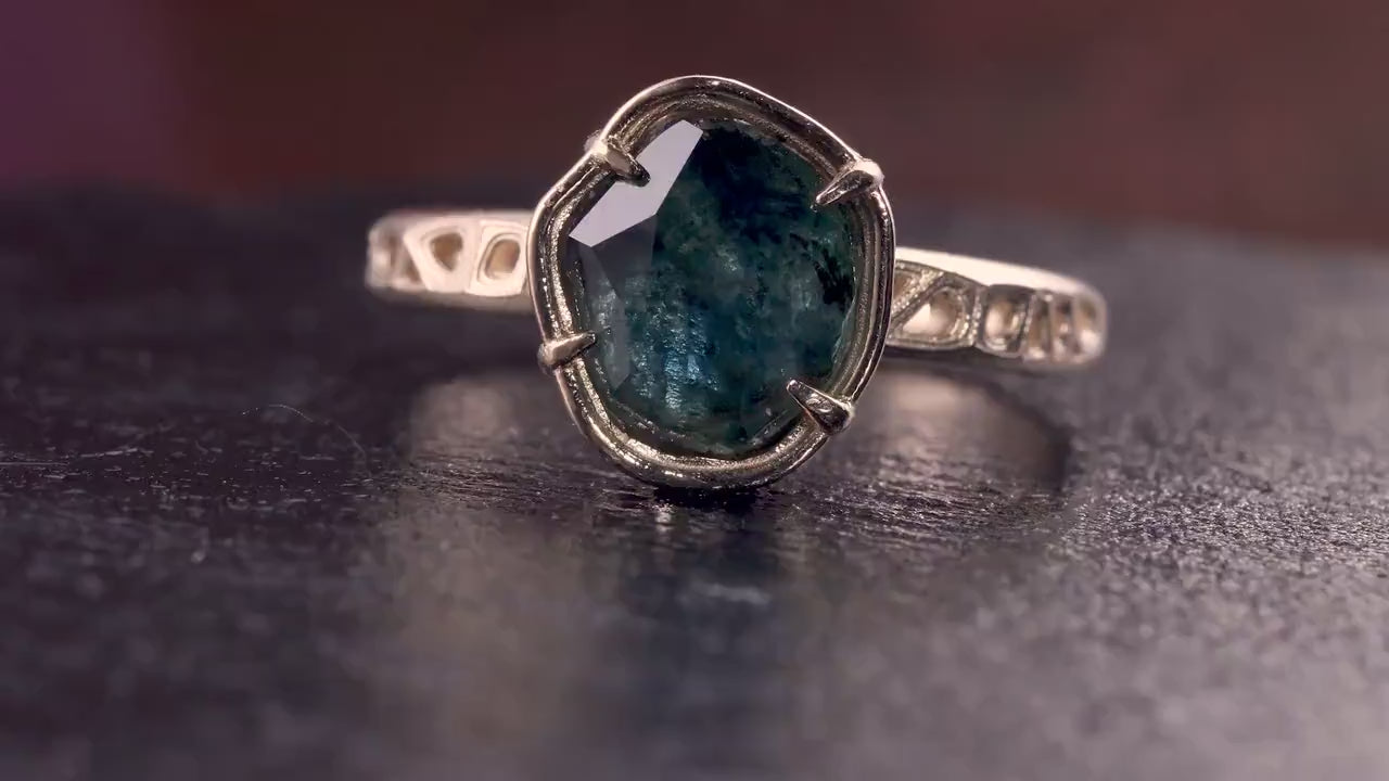 Blue Green Montana Sapphire Ring in 14k Yellow Gold, Hand-Finished Lattice, One of a Kind