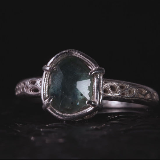 Hand Cut Montana Sapphire Ring | Teal Green Sapphire in Sterling Silver | One of a Kind