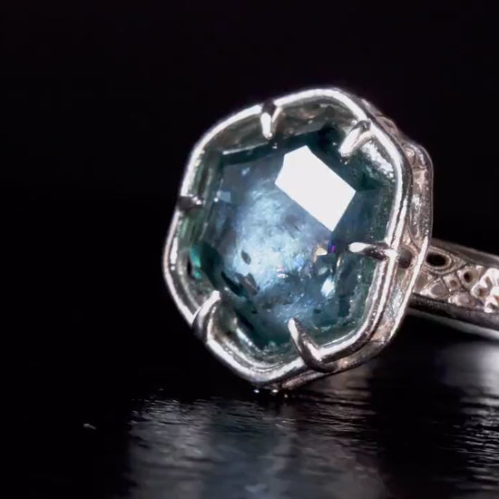 Hand Cut Montana Sapphire Ring in Sterling Silver | One of a Kind Teal Blue Gemstone