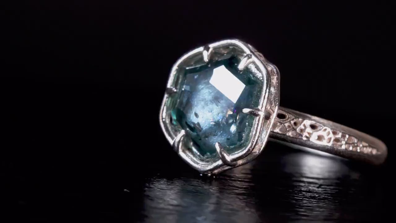 Hand Cut Montana Sapphire Ring in Sterling Silver | One of a Kind Teal Blue Gemstone