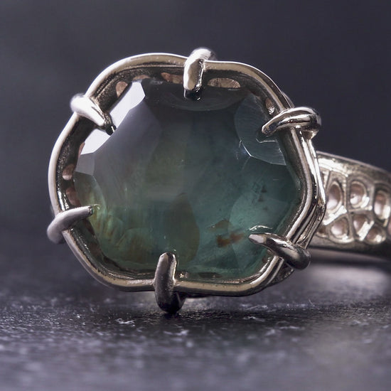 Montana Sapphire ring in white gold with a dark dramatic environment