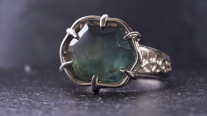 Montana Sapphire ring in white gold with a dark dramatic environment