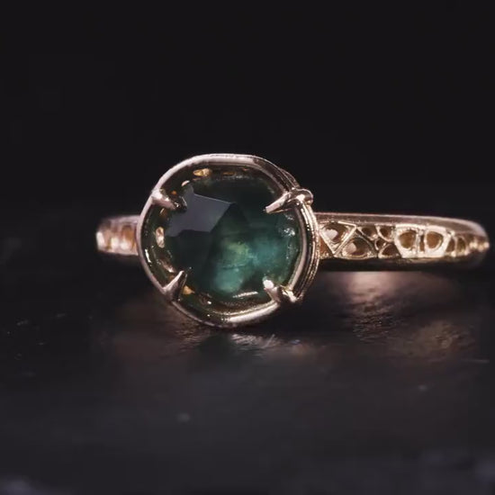 Hand Cut Montana Sapphire Ring – Teal Green Sapphire in 14k Gold – One of a Kind Sapphire Ring – Size 7.5 1068
