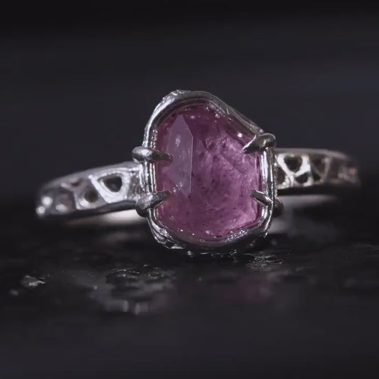 Hand cut Pink Natural Morganite Ring Sterling Silver, Crystal Ring, Rustic Handmade Jewelry