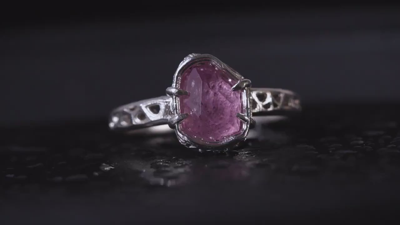 Hand cut Pink Natural Morganite Ring Sterling Silver, Crystal Ring, Rustic Handmade Jewelry