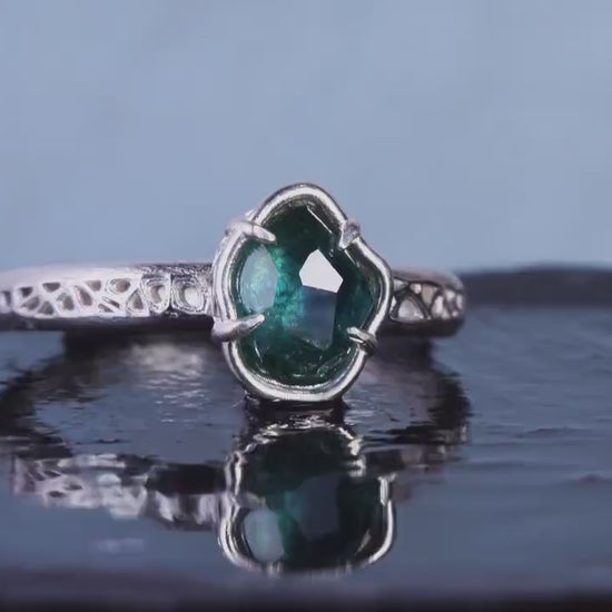 Hand Cut Montana Sapphire Ring in Sterling Silver, Blue Green Sapphire Solitaire
