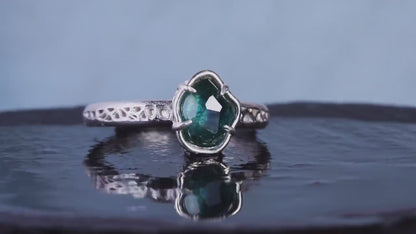 Hand Cut Montana Sapphire Ring in Sterling Silver, Blue Green Sapphire Solitaire